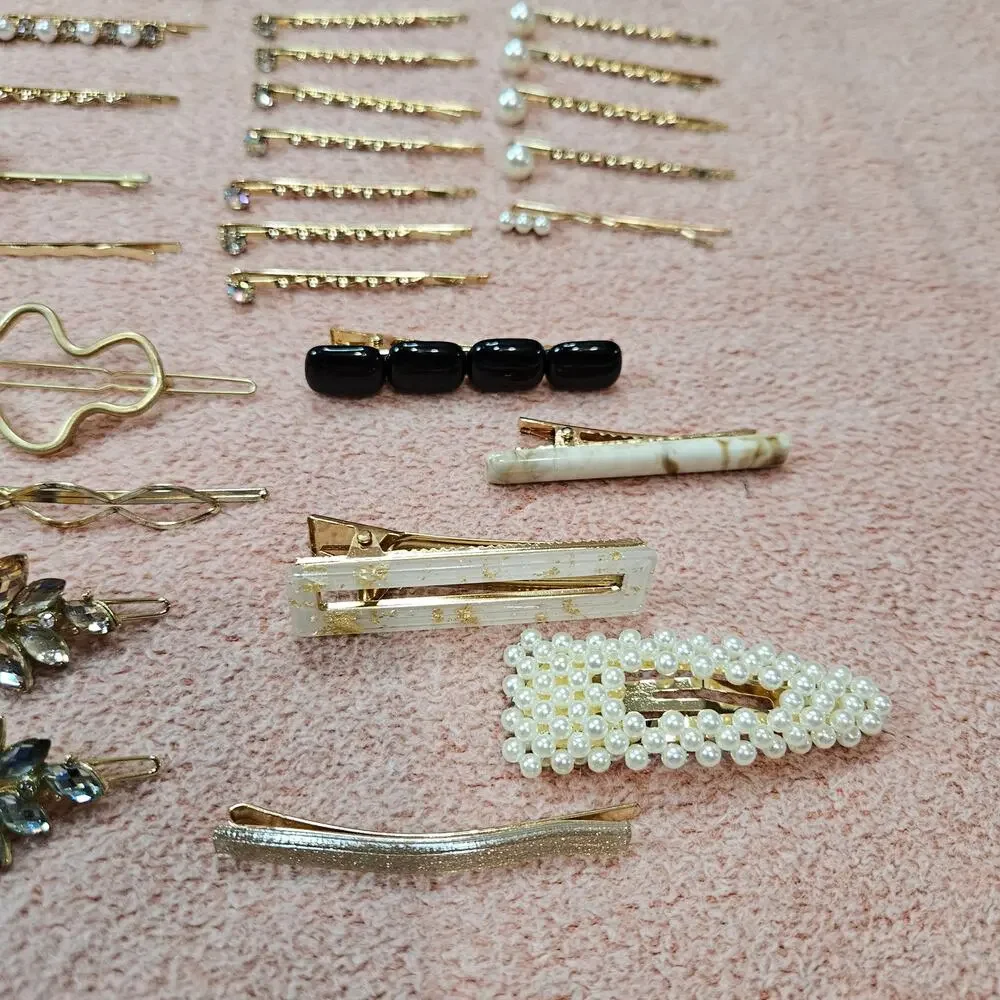 35 Assorted Set of Gold-Tone Fashion Hair Clips- Resin, Faux Pearls, & more!